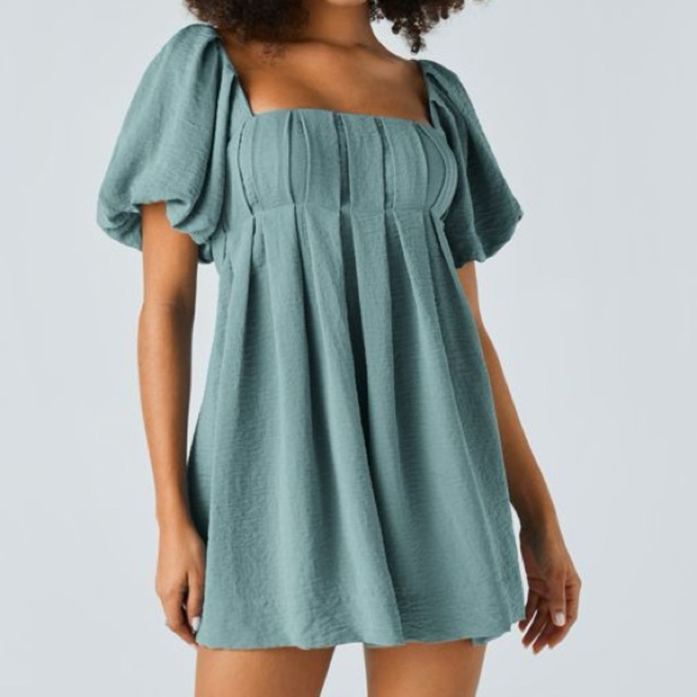HALARA Lace Up Puff Sleeve Babydoll Dress - Morning Dew Green